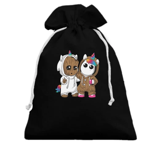 Подарочный мешочек, Черный, Baby groot and unicorn