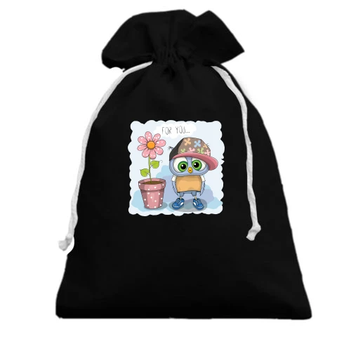 Подарунковий мішечок, Чорний, Baby owl with a flower