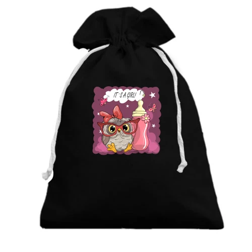 Подарочный мешочек, Черный, Baby owl It's a girl