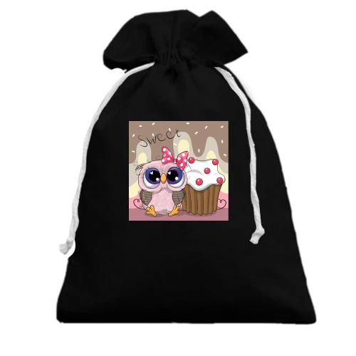 Подарочный мешочек, Черный, Baby owl with cupcake