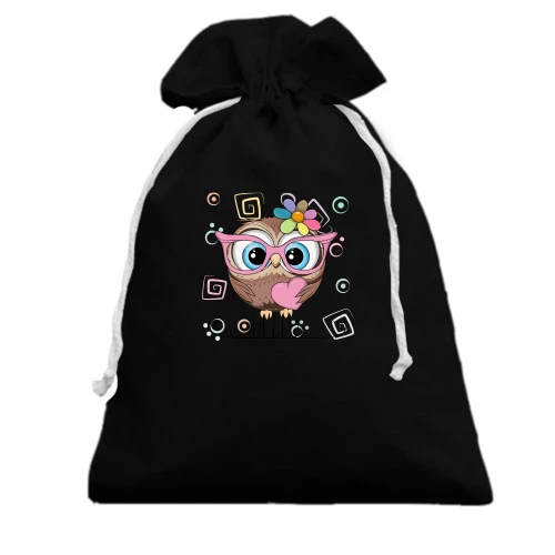Подарочный мешочек, Черный, Baby owl with heart