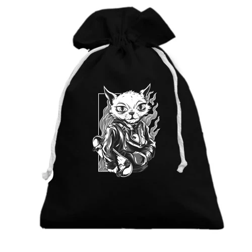 Подарочный мешочек, Черный, Cat with skate black and white