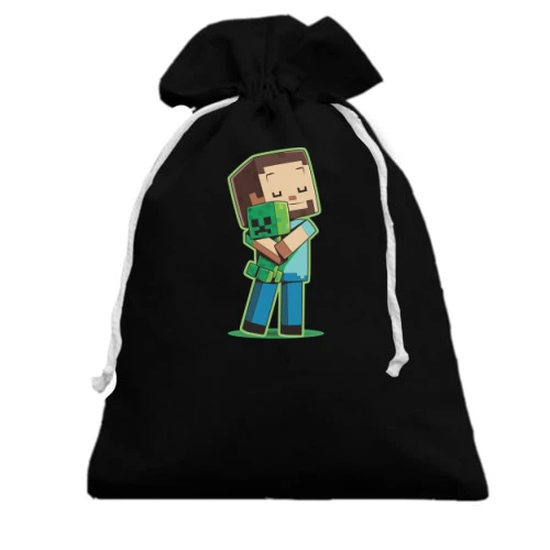 Подарочный мешочек, Черный, Minecraft Boy with green doll