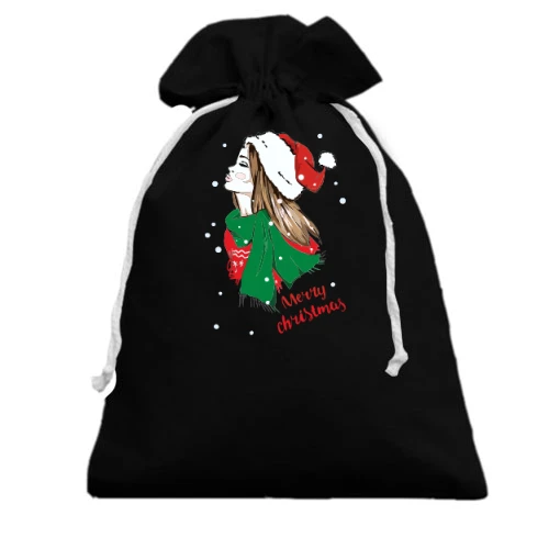 Подарочный мешочек, Черный, с девушкой Merry Christmas