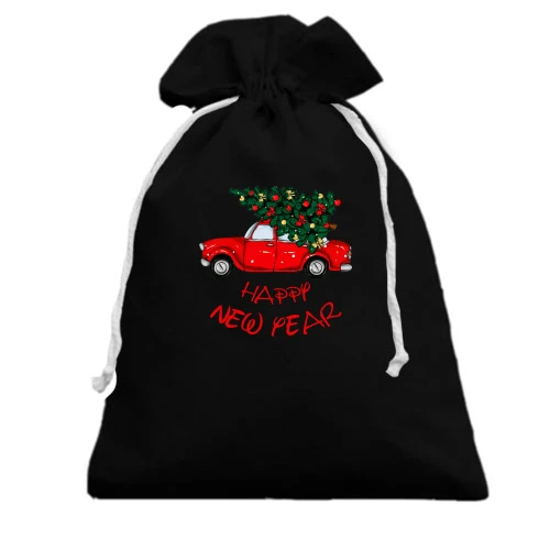 Подарочный мешочек, Черный, Happy Ney Year red car
