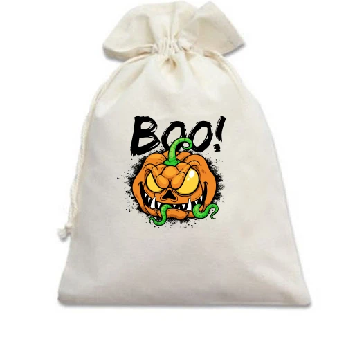 Подарочный мешочек, Белый, с ужасной тыквой "BOO!"