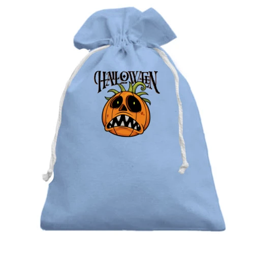 Подарочный мешочек, Голубой, с зубастой тыквой "Halloween"