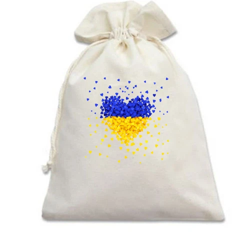 Подарунковий мішечок, білий, Жовто-сині сердечка