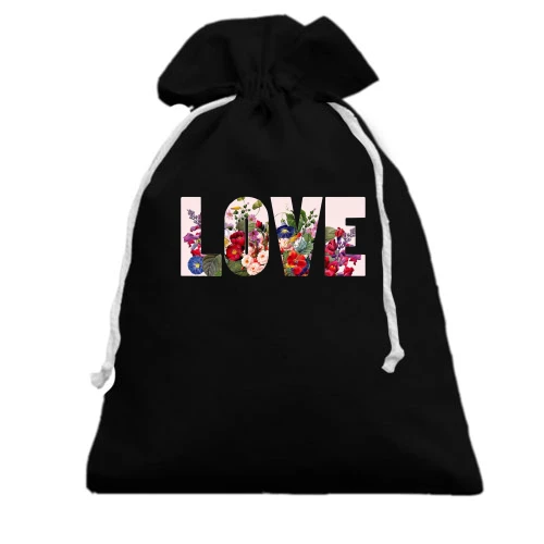 Подарочный мешочек, Черный, с надписью "Love" из цветов (2)