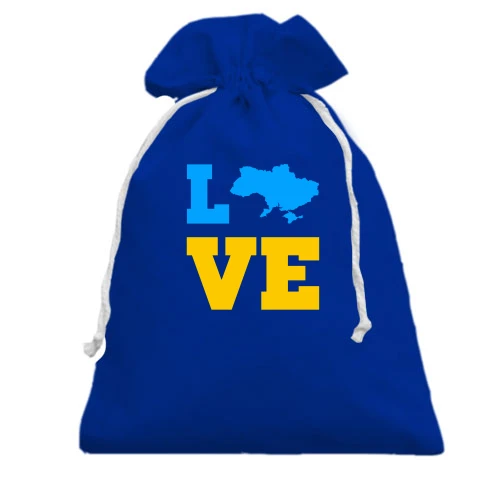 Подарунковий мішечок із написом «LOVE», у якому літера «O» замінена картою України