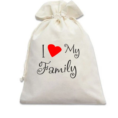 Подарочный мешочек с надписью «I Love My Family» и красным сердцем