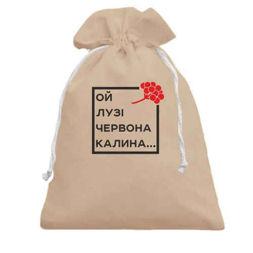 Подарунковий мішечок із написом «ОЙ ЛУЗІ ЧЕРВОНА КАЛИНА...» та гроном червоних ягід