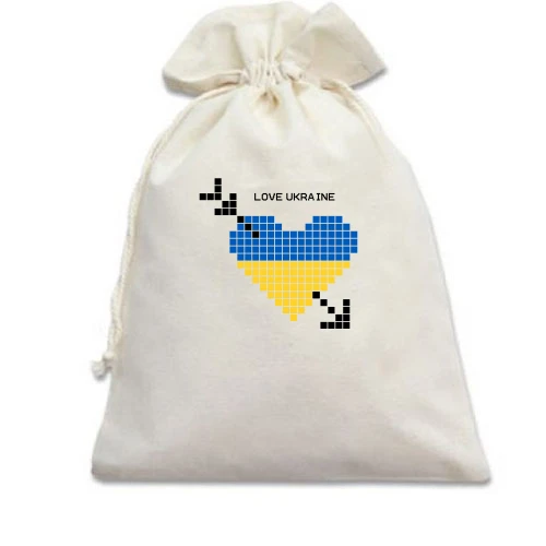 Подарунковий мішечок, Білий, Love Ukraine (жовто-синє піксельне серце)