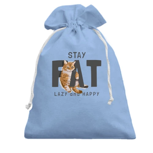 Подарочный мешочек, Белый, с котиком "Fat Lazy and Happy"