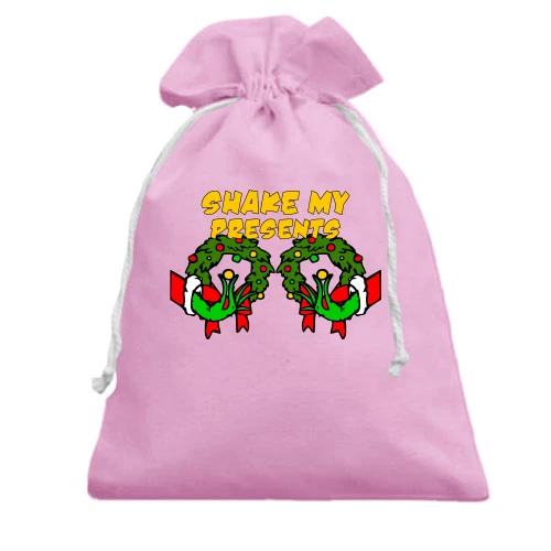Подарочный мешочек, розовый, с новогодними венками "shake my presents"
