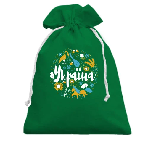 Подарочный мешочек, Зеленый, с орнаментом "Украина"