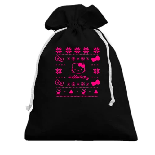 Подарочный мешочек, Черный, с новогодним принтом "Hello Kitty"