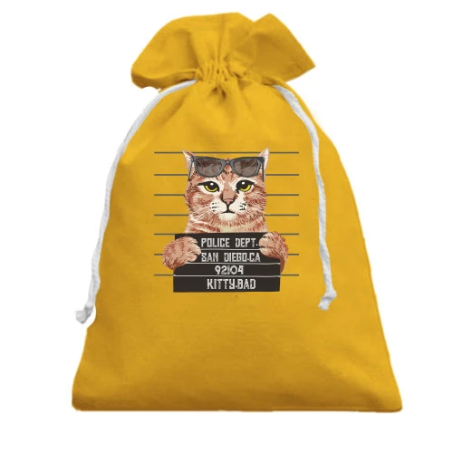 Подарочный мешочек с рыжим котом, держащим полицейскую табличку «Kitty Bad»