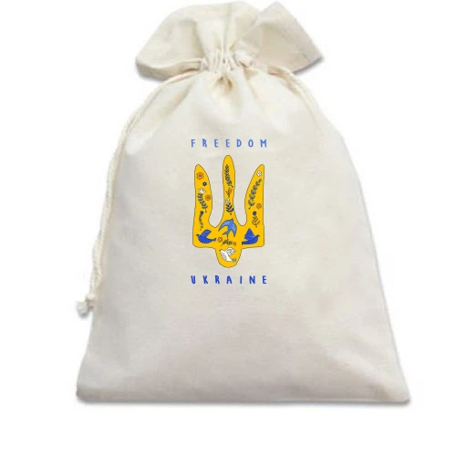 Подарочный мешочек, белый, с тризубом, цветами и птицами «FREEDOM UKRAINE»