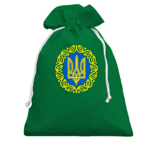 Подарочный мешочек, зеленый, "Герб Украины с узором"