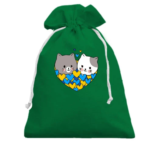 Подарунковий мішечок, зелений, із закоханими котиками (жовто-блакитні)