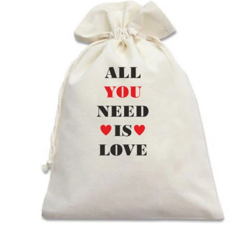 Подарунковий мішечок, Білий, з написом «All you need is love» і сердечками