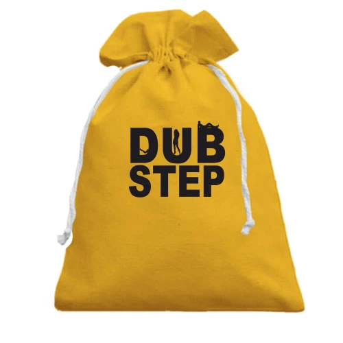 Подарочный мешочек с двухстрочной надписью DUB STEP и интегрированными в буквы силуэтами людей