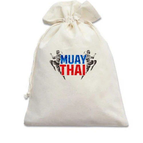 Подарунковий мішечок, білий, Муай тай з написом «MUAY THAI» та силуетами бійців