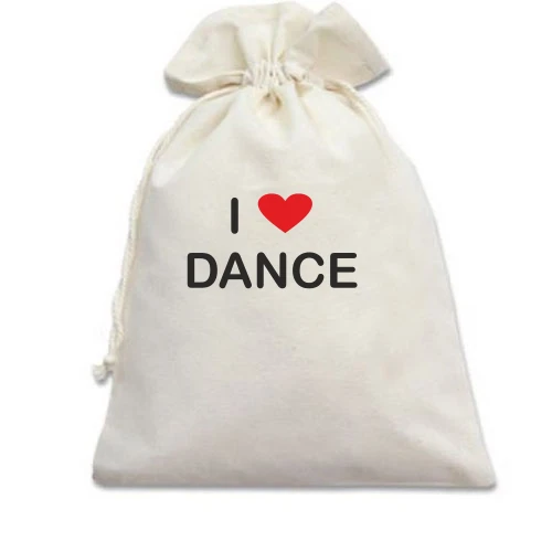 Подарунковий мішечок із написом I love dance та червоним серцем