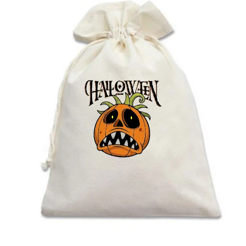 Подарочный мешочек, Белый, Halloween с тыквой-монстром