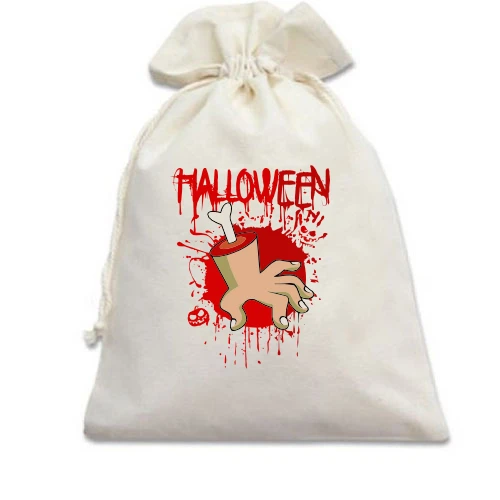 Подарунковий мішечок з відрізаною рукою, кісткою та кривавим написом «HALLOWEEN»