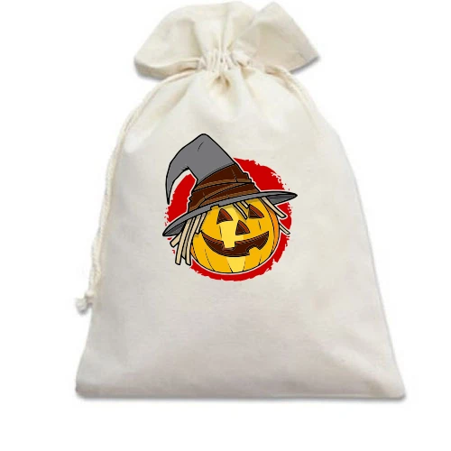 Подарочный мешочек, Белый, Halloween Тыква в шляпе