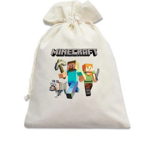 Подарочный мешочек, Белый, со Стивом, Алекс и волком из Minecraft