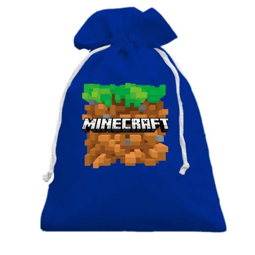 Подарочный мешочек, Голубой, с блоком земли и логотипом Minecraft