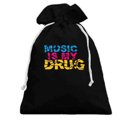 Подарунковий мішечок з триколірним написом Music is my drug та ефектом розбитих літер