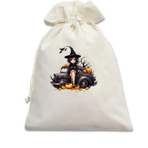 Подарочный мешочек, Белый, Halloween-Ведьма на старой машине