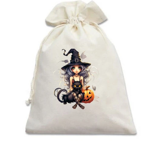 Подарочный мешочек, Белый, с Halloween-ведьмой, котиком и тыквой