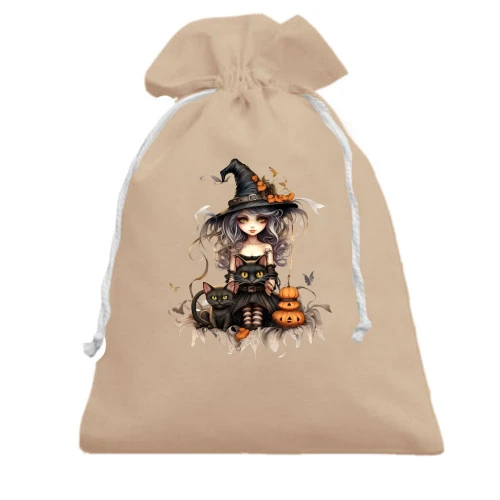 Подарочный мешочек, Бежевый, с Halloween-ведьмой и котиком