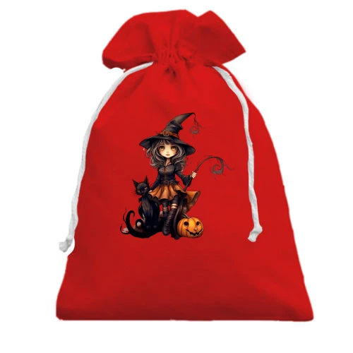 Подарунковий мішечок, Червоний, з Halloween-відьмою, котиком і усміхненим гарбузом