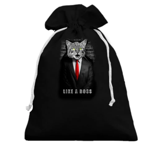 Подарочный мешочек, Черный, с котом в пиджаке "Like a Boss"