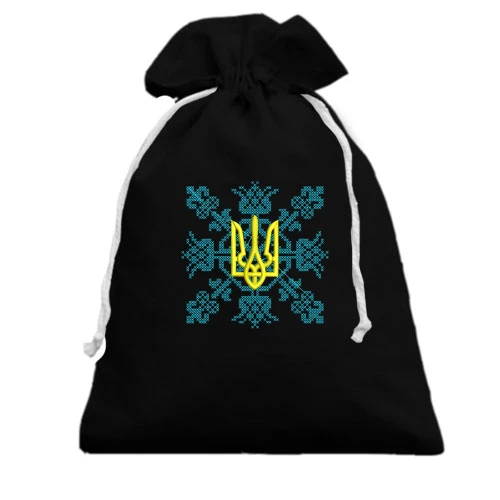 Подарочный мешочек, черный, с тризубом на голубой вышиванке