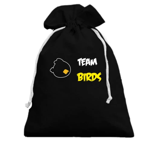 Подарунковий мішечок із графічним контуром голови птаха та написом «Team BIRDS»
