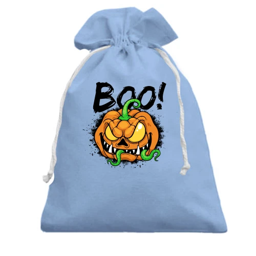 Подарочный мешочек, Белый, со злой тыквой и надписью BOO