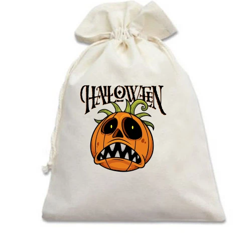 Подарочный мешочек, Белый, с расстроенной тыквой и надписью Halloween