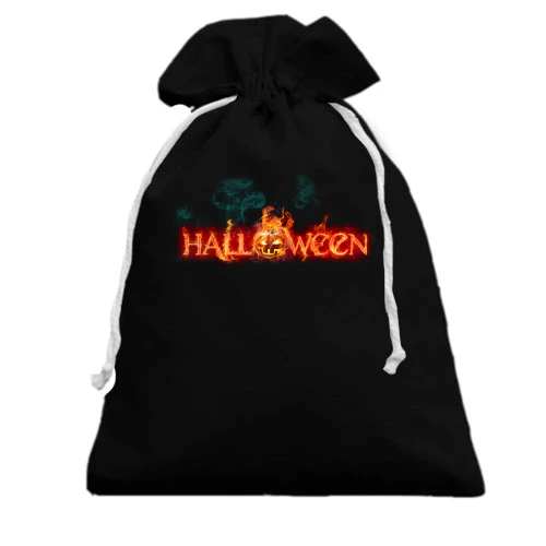Подарочный мешочек с огненной надписью «HALLOWEEN», пылающей тыквой и бирюзовым дымом