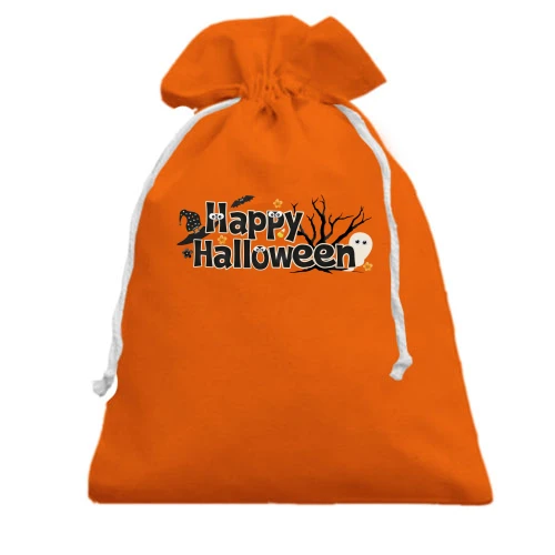Подарочный мешочек с надписью «Happy Halloween», шляпой ведьмы, силуэтом дерева и привидением