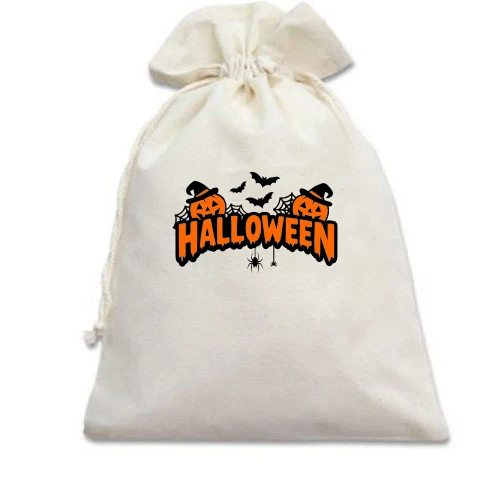 Подарочный мешочек, Белый, Надпись Halloween с тыквами