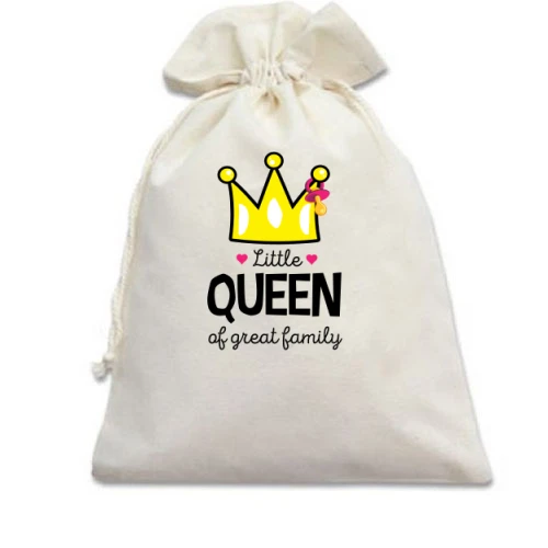 Подарочный мешочек с короной, детской пустышкой и надписью «Little QUEEN of great family»