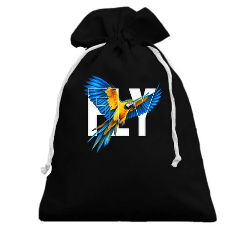 Подарочный мешочек, Черный, с летящим попугаем и надписью FLY