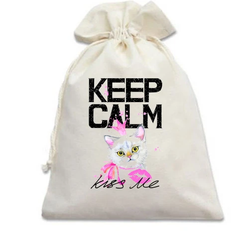 Подарунковий мішечок, білий, з кошеням Keep calm and kiss me